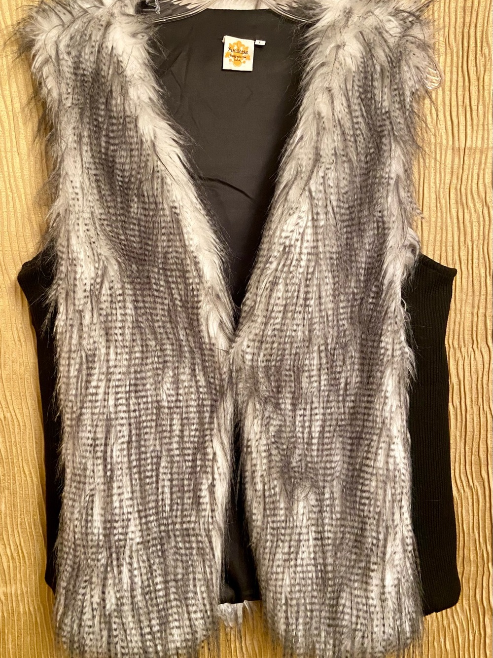 Gray Faux Fur Open-Front Vest with Black Sweater Sides